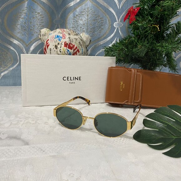 Celine Sunglasses with Gold Frame and Green Lenses